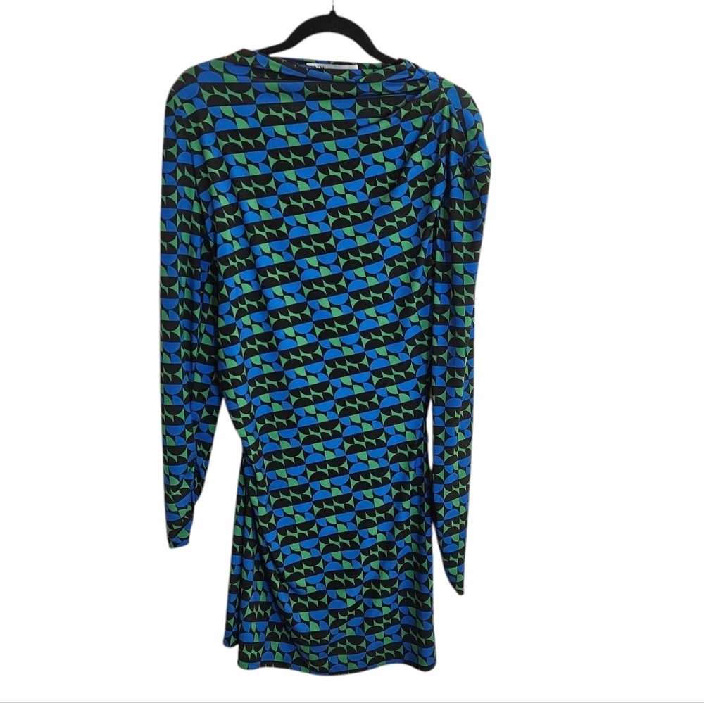 Zara Long Sleeve Geometric Mock Neck Mini Bodycon Dress Blue/Green/Black Large - Picture 2 of 7